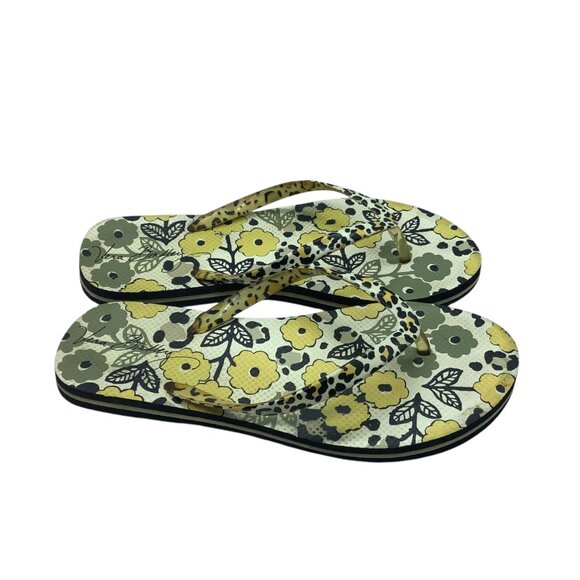 Vera Bradley Flip Flops Yellow Floral Leopard Straps Lightweight Women 7/8 - Picture 1 of 7
